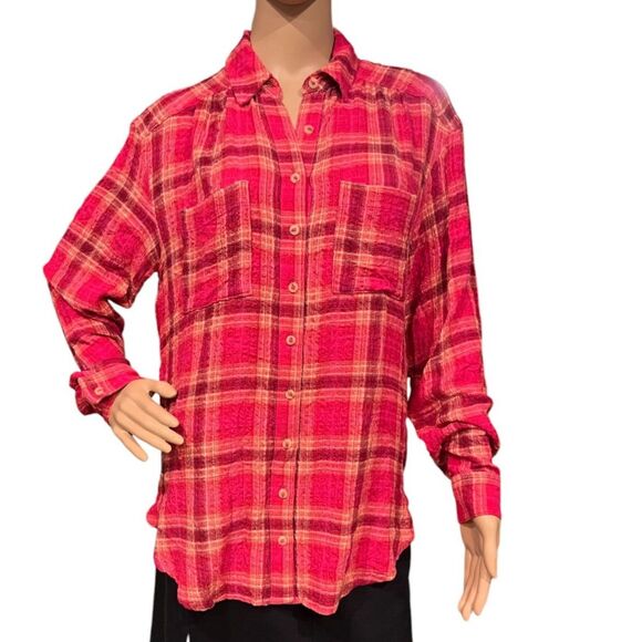 ANTHROPOLOGIE PILCRO Pink Flannel Plaid Buttondown Shirt Sz S - Picture 1 of 7